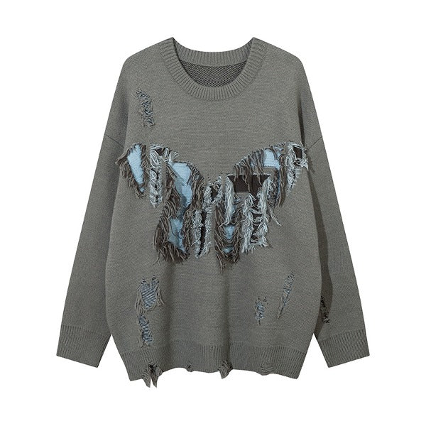 Gababa Unisex Unique Distressed Butterfly Long Sleeve Knit G78253 (Plus Size M ~ 2XL)