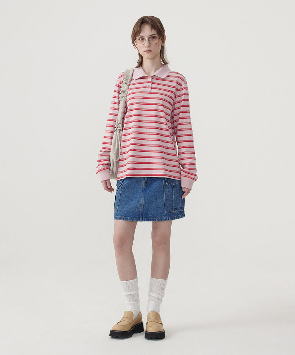 Covernat Women's Stripe Rugby Long T-shirt Light Pink