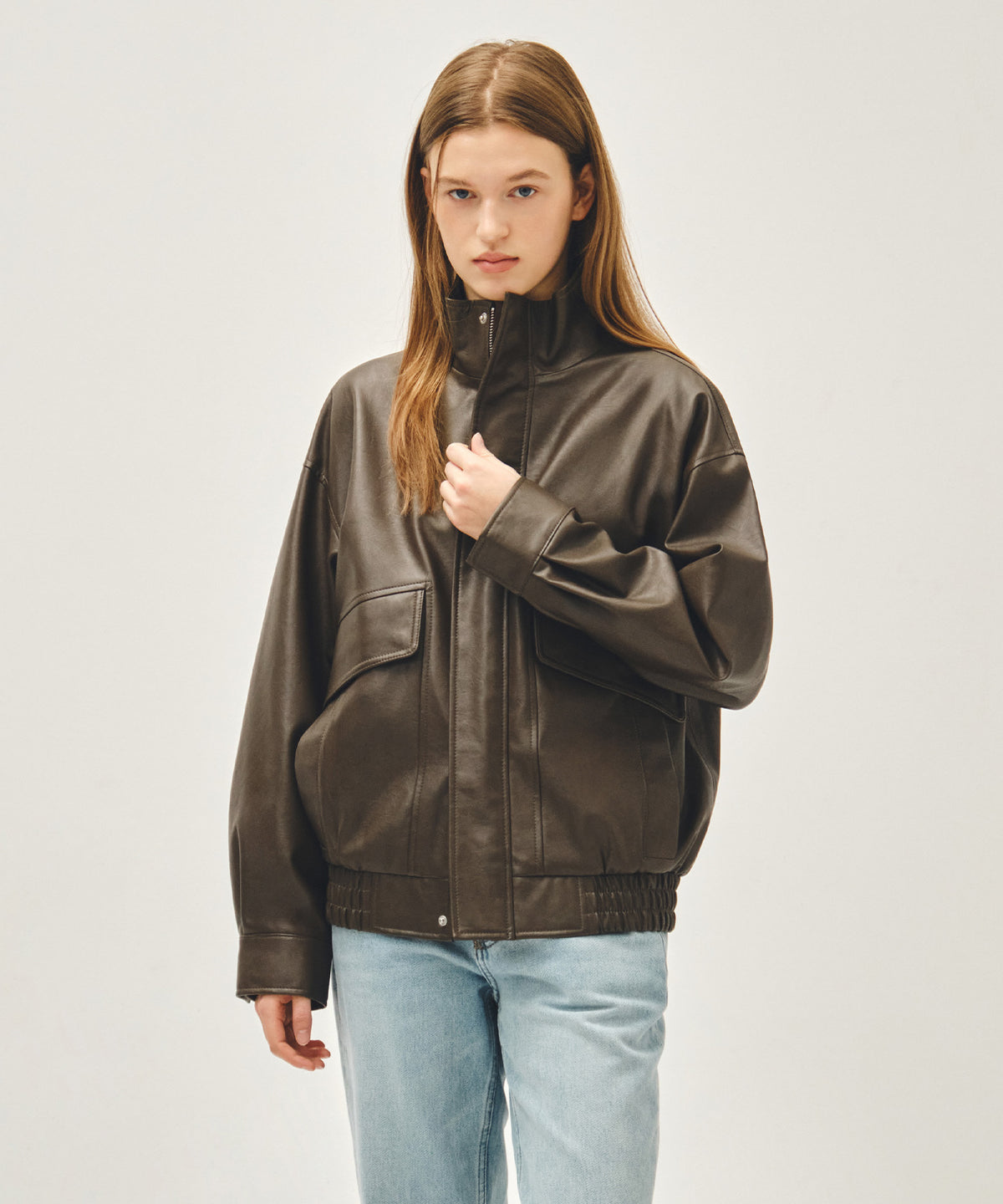 MARITHE FAUX LEATHER HIGH NECK JACKET brown