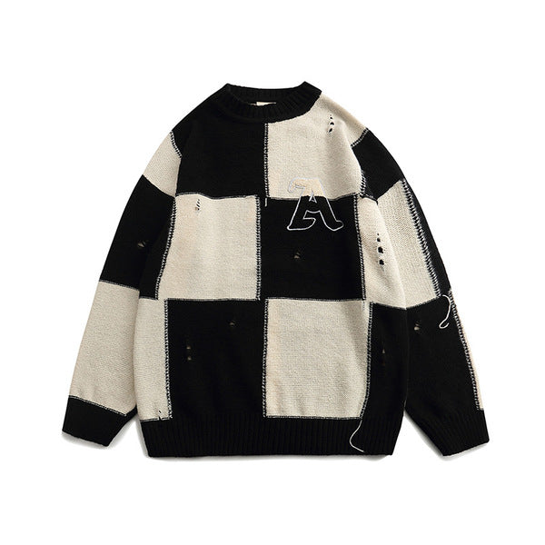 Gababa Unisex Lettering A Check Oversized Long-Sleeve Sweater G77438 (Plus Size M~2XL)