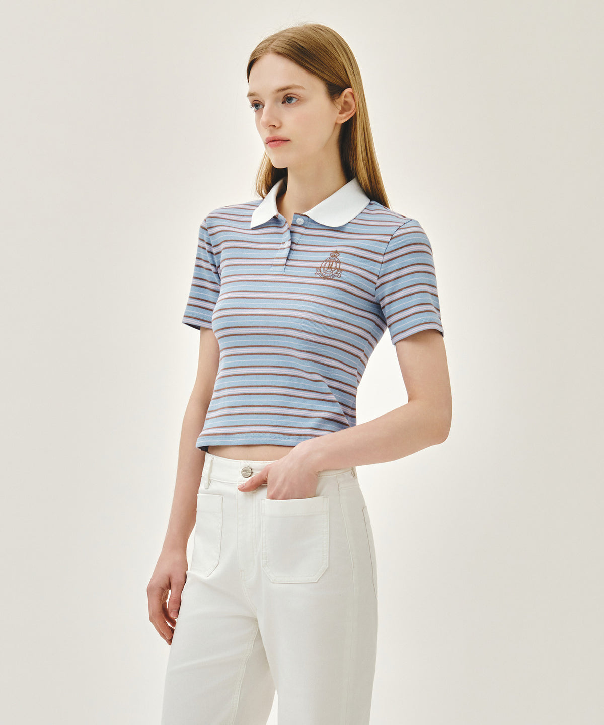 MARITHE W STRIPE SLIM CROP COLLAR TEE light blue