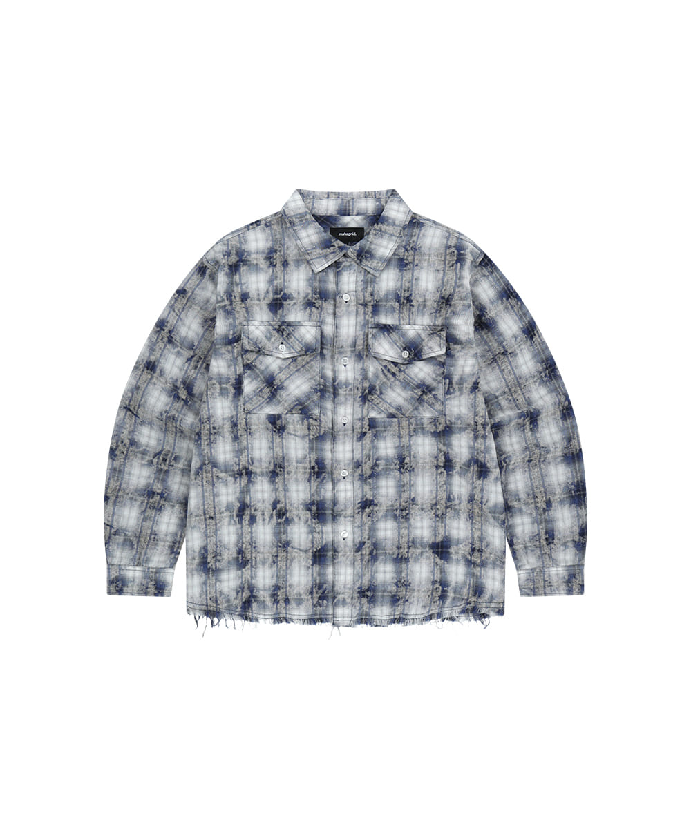 MAHAGRID BLEACHED RAW-CUT CHECK SHIRT[NAVY]