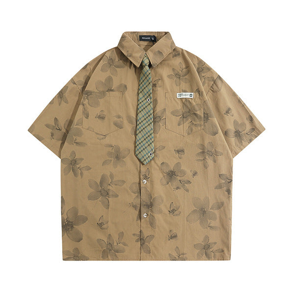 Gababa Unisex Flower Print Tie Collar Short-Sleeve Shirt G76807