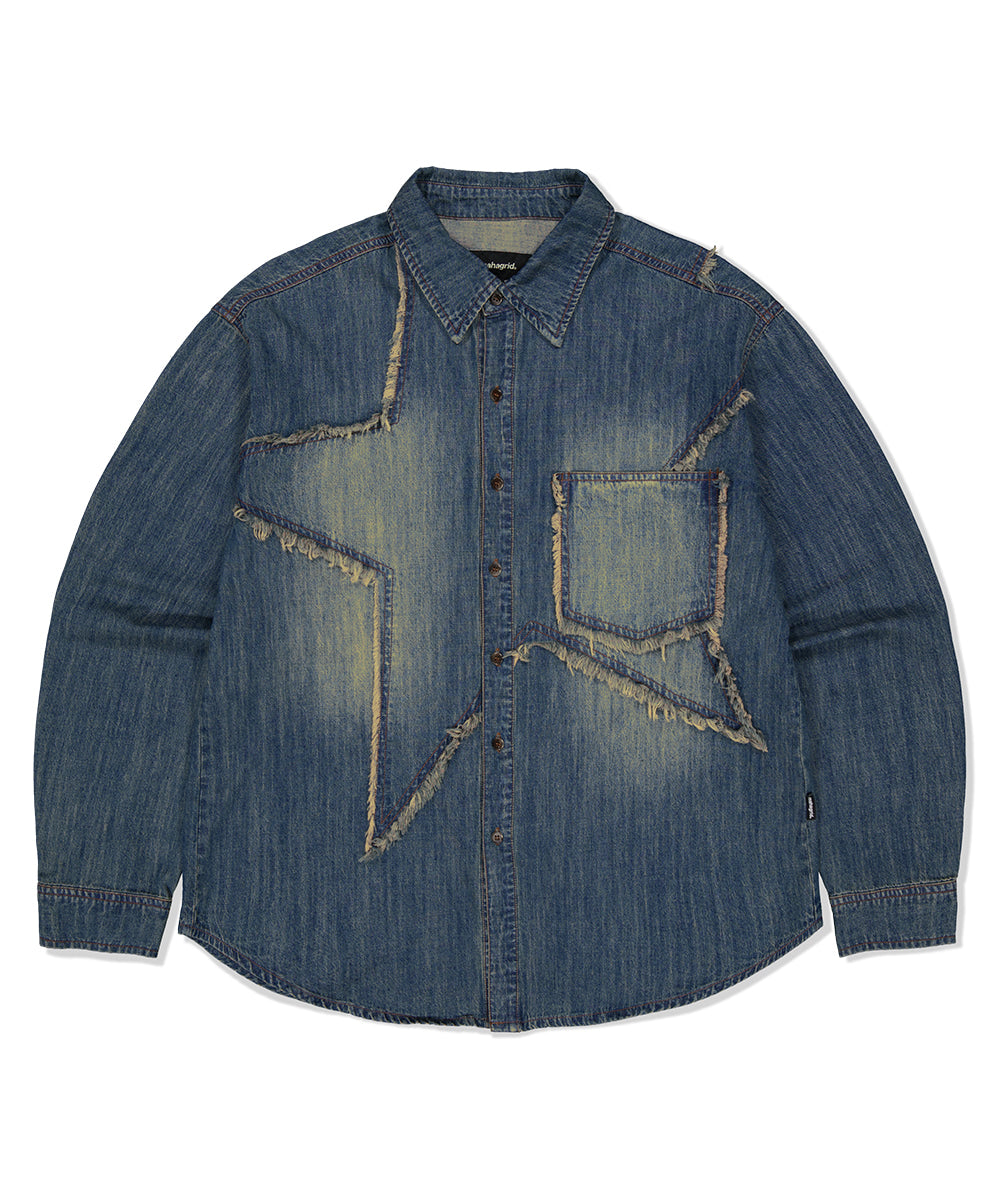 MAHAGRID STAR RAW CUT DENIM SHIRT[BLUE]