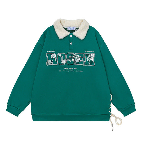 Gababa [High Demand] Unisex Collar with Side Ribbon Accent Fleece Sweatshirt G78440 (Plus Size S~XL)