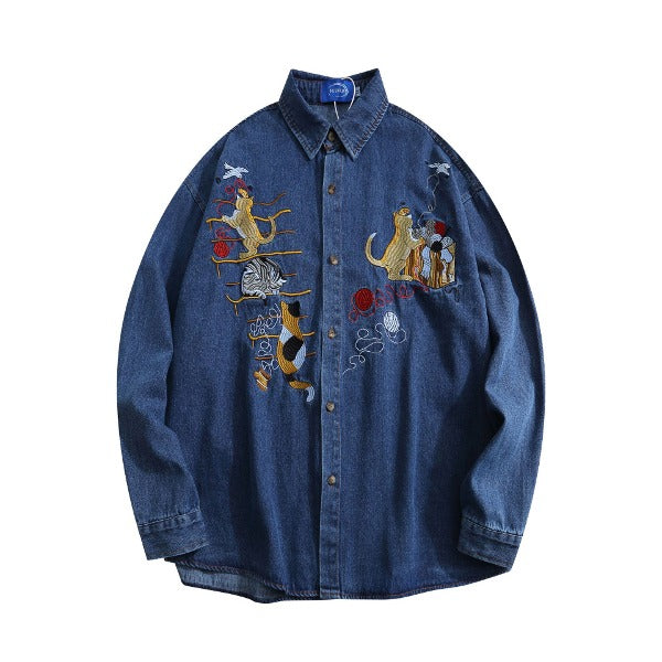 Gababa Unisex Casual Oversized Denim Long-Sleeve Shirt with Cat Embroidery Point G77517 (Plus Size M~XL)