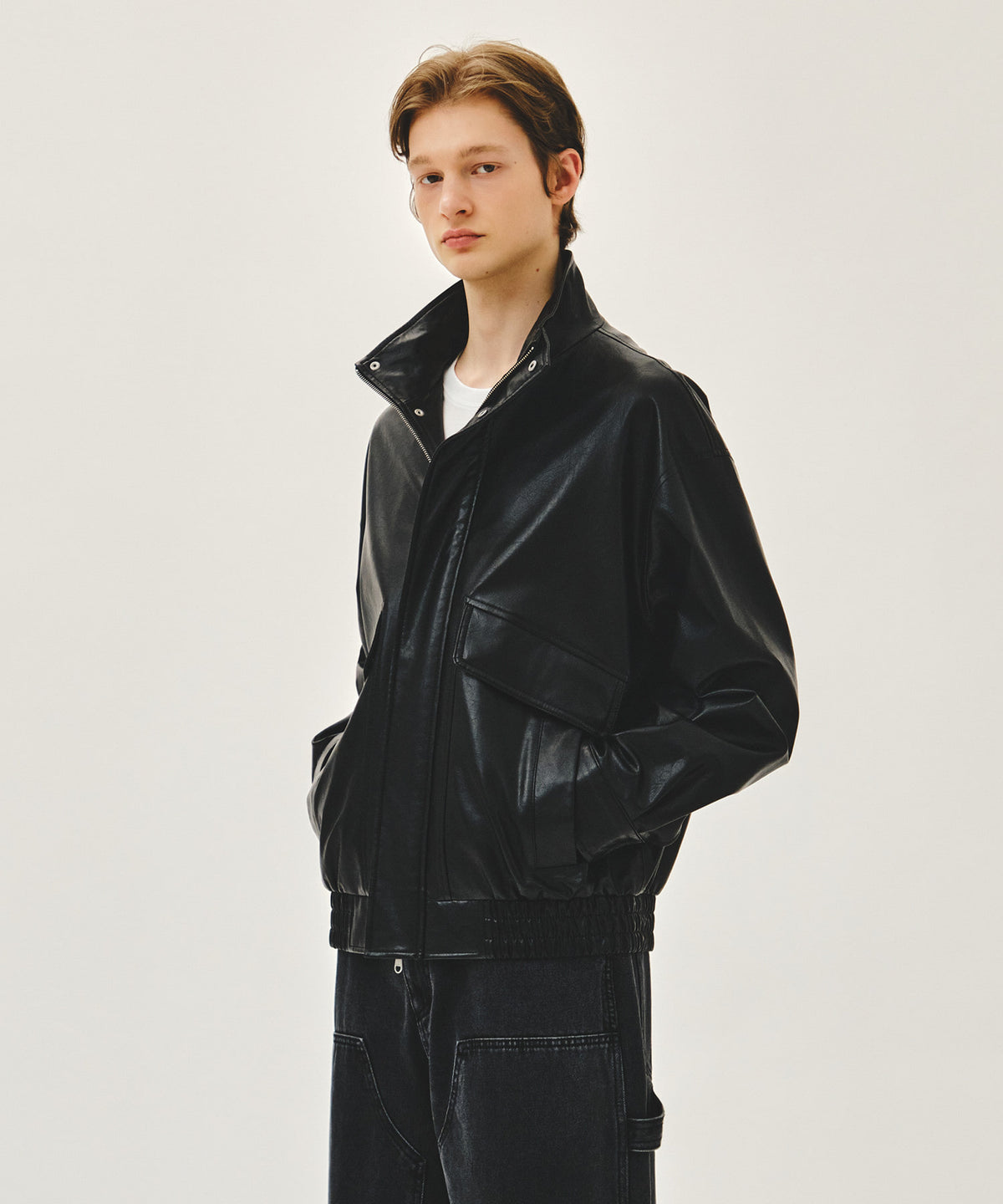 MARITHE FAUX LEATHER HIGH NECK JACKET black