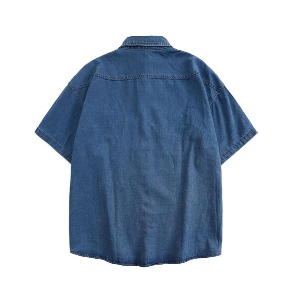 Gababa Unisex Bear Couple Embroidered Denim Collar Overfit Short-Sleeve Shirt G77090 (Plus Size M~XL)