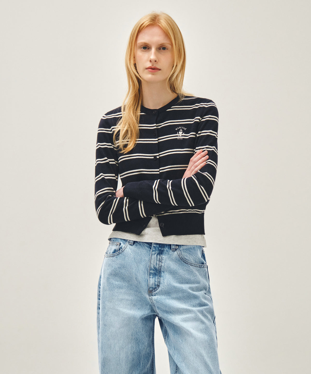 MARITHE W STRIPE KNIT CARDIGAN navy