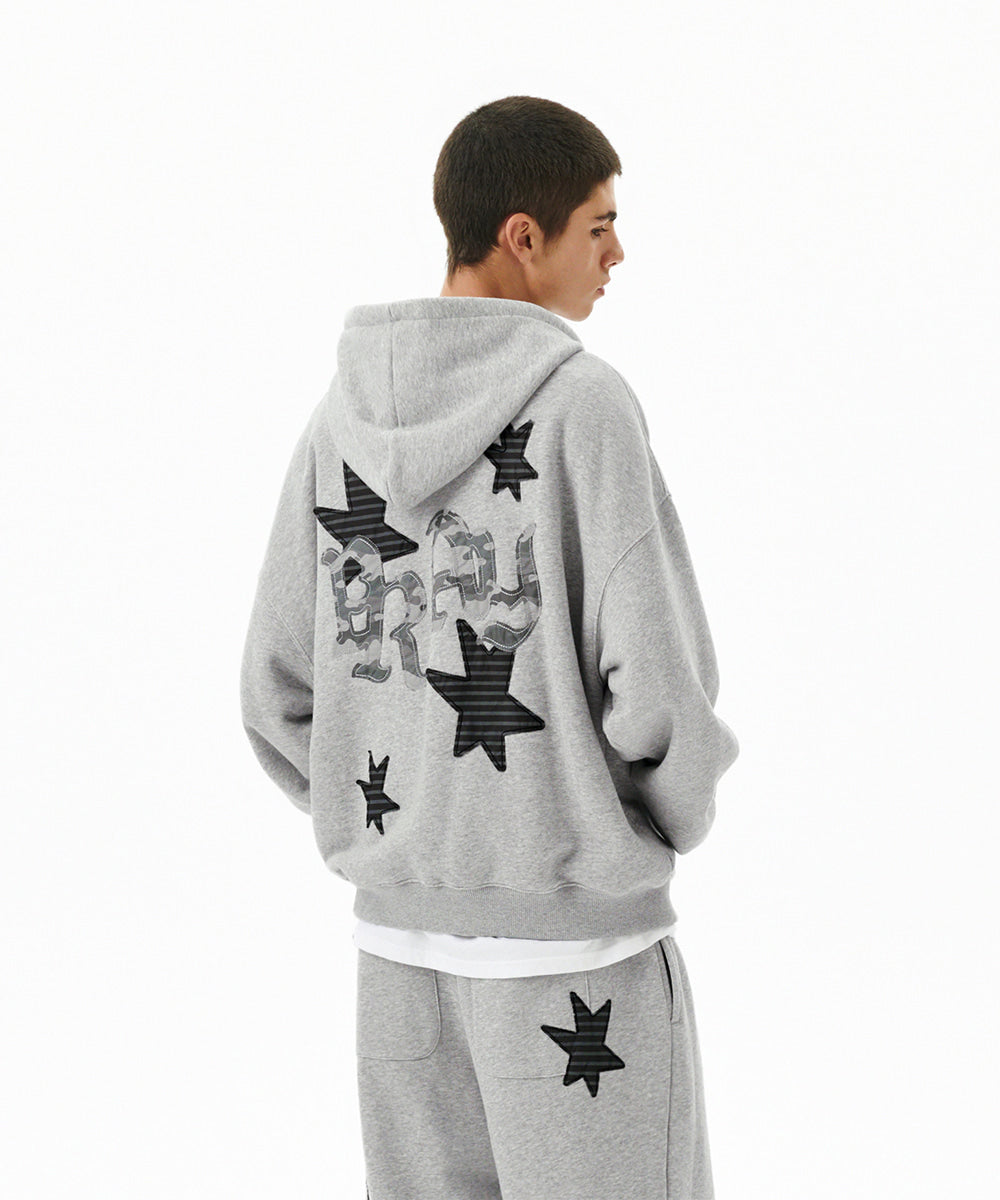 MAHAGRID PRAY APPLIQUE ZIP UP HOODIE [GREY]