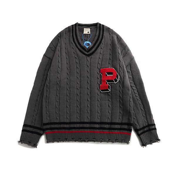 Gababa Unisex P Lettering V-neck Overfit Long Sleeve Sweater G77466 (Plus Size M~2XL)