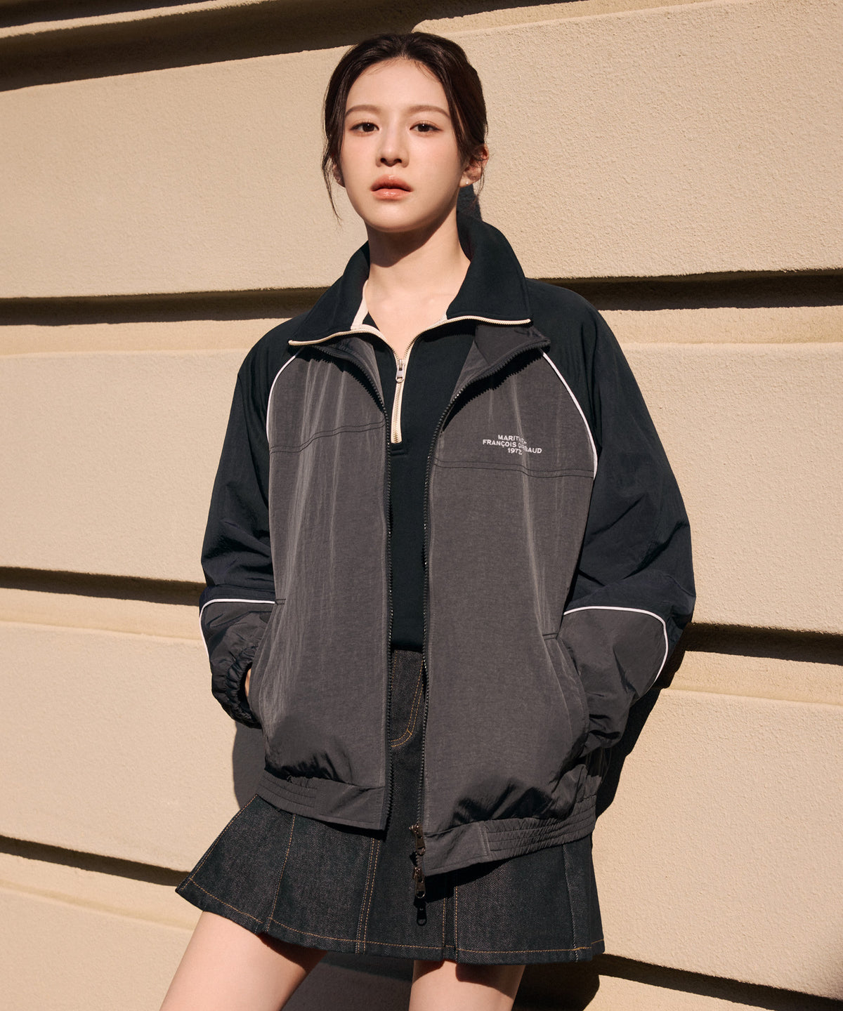 MARITHE COLOR-BLOCK HIGHNEC WINDBREAKER charcoal