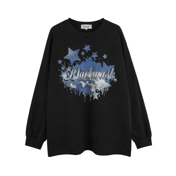 Gababa Unisex cloud and star-printed overfit long-sleeved T-shirt G77736 (big size M~2XL)