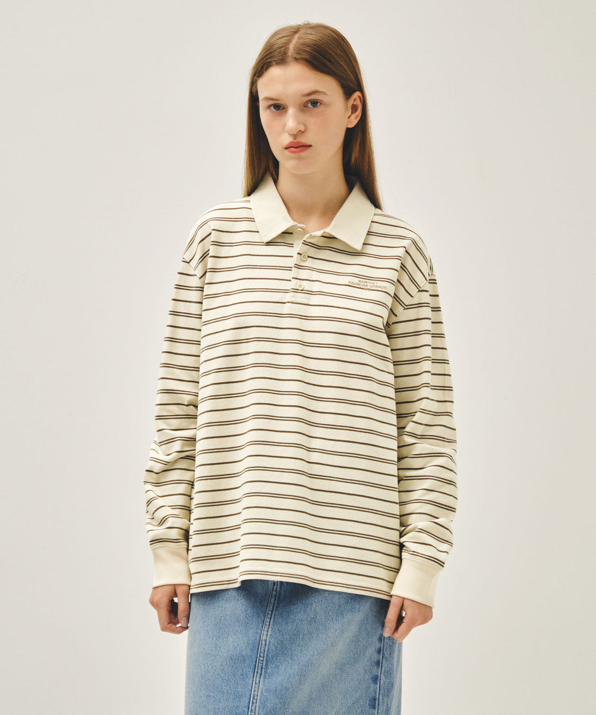 MARITHE STRIPE PIQUE LONG SLEEVE TEE ivory