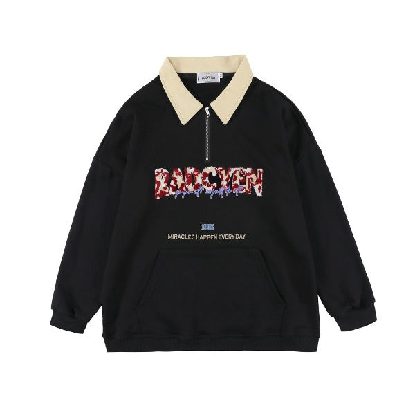 Gababa Unisex Red and White Speckled Lettering Overfit Half-Zip Collar Long Sleeve T-shirt G77337 (Plus Size S~XL)