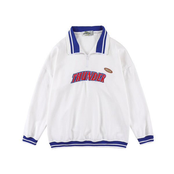 Gababa Unisex Red Thunder Logo Blue Point Overfit Half-Zip Collar Long Sleeve T-shirt G77338 (Plus Size S~XL)