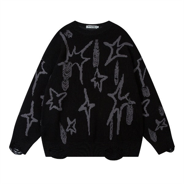 Gababa [Best Seller] Unisex Star Point Overfit Round Neck Long Sleeve Knit G78179 (Plus Size S~2XL)