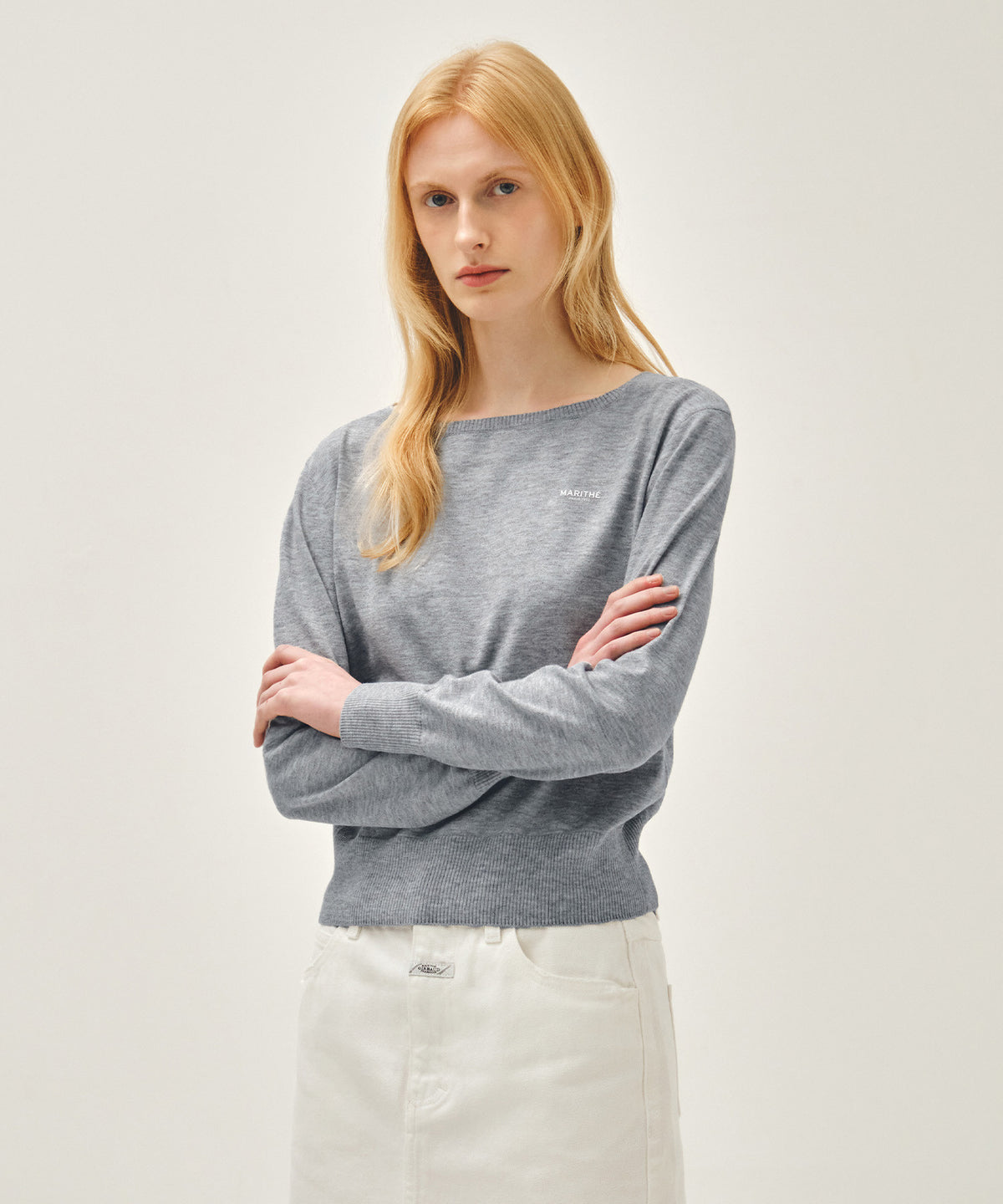 MARITHE W BOAT NECK KNIT PULLOVER melange gray
