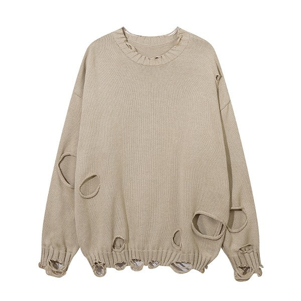 Gababa Unisex Solid Color Vintage Distressed Round Neck Long Sleeve Sweater G78245 (Plus Size M ~ 2XL)