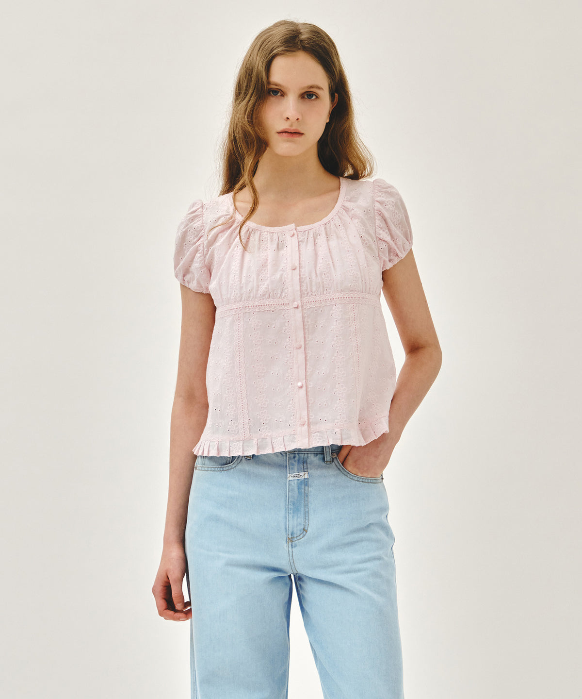 MARITHE W PUFF SLEEVE LACE SHIRT light pink
