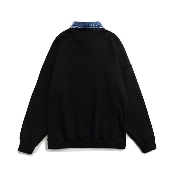 Gababa [Best Seller] Unisex FEARLESS Point Oversized Denim Collar Long Sleeve T-Shirt G77504 (Plus Size M~2XL)