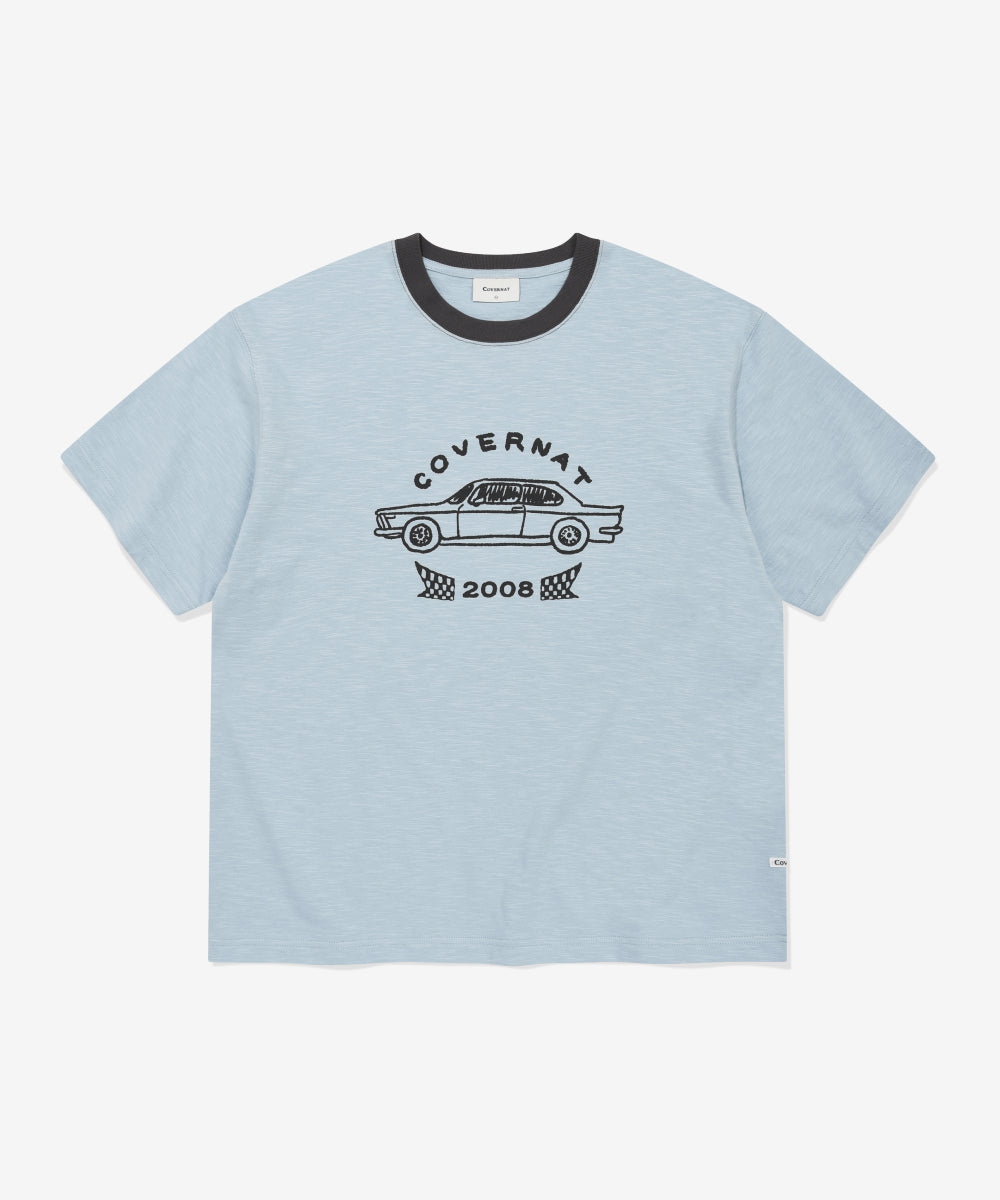 Covernat Slub Vintage Car Graphic T-shirt Sky Blue