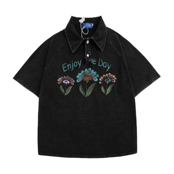 Gababa Unisex Flower Black Oversized Denim Collar Short-Sleeve T-shirt G74808 (Plus Size M~2XL)