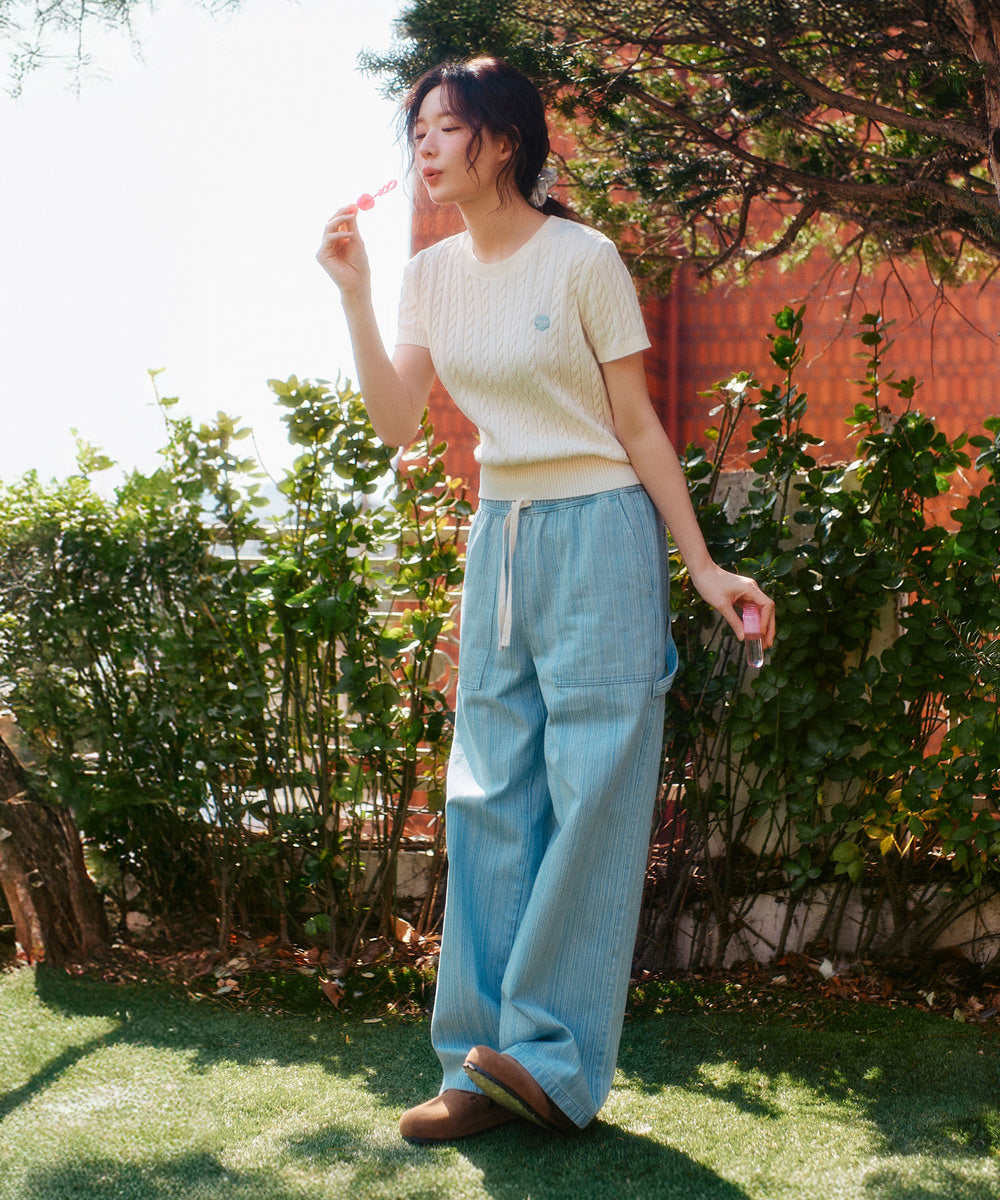 Covernat Worn by Yun-ji Choi Women's Stripe Banding Denim Light Blue