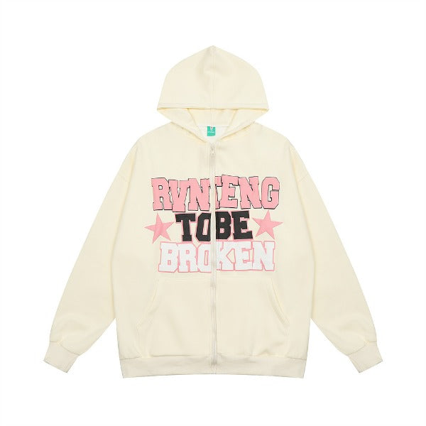 Gababa Unisex Pink Lettering Overfit Hoodie Zip-up G77715 (Plus Size M~XL)