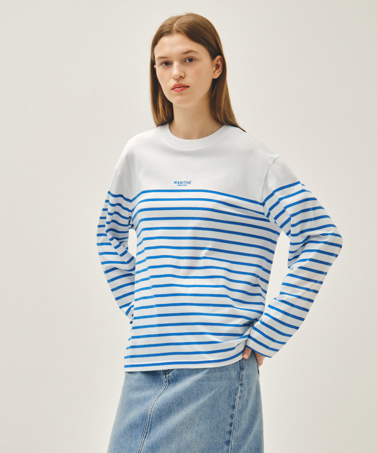 MARITHE BLOCK STRIPE LONG SLEEVE TEE blue