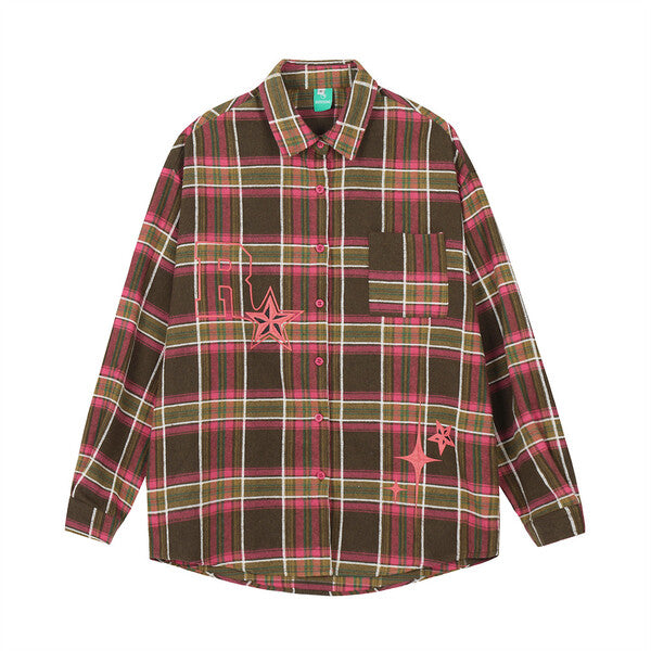 Gababa Unisex Check Oversized Collar Long Sleeve Shirt with R Lettering G77820 (Plus Size M~XL)