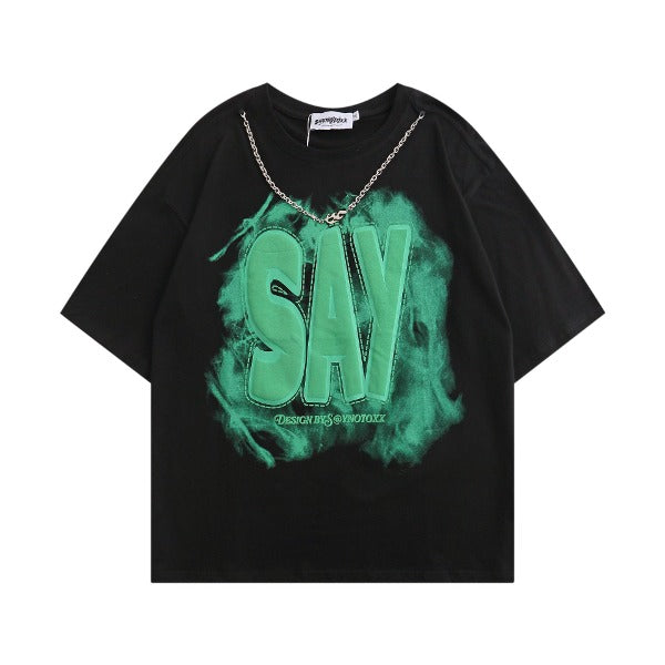Gababa Unisex Chain Necklace SAY Lettering Oversized Short-Sleeve T-shirt G77169 (Plus Size S~XL)