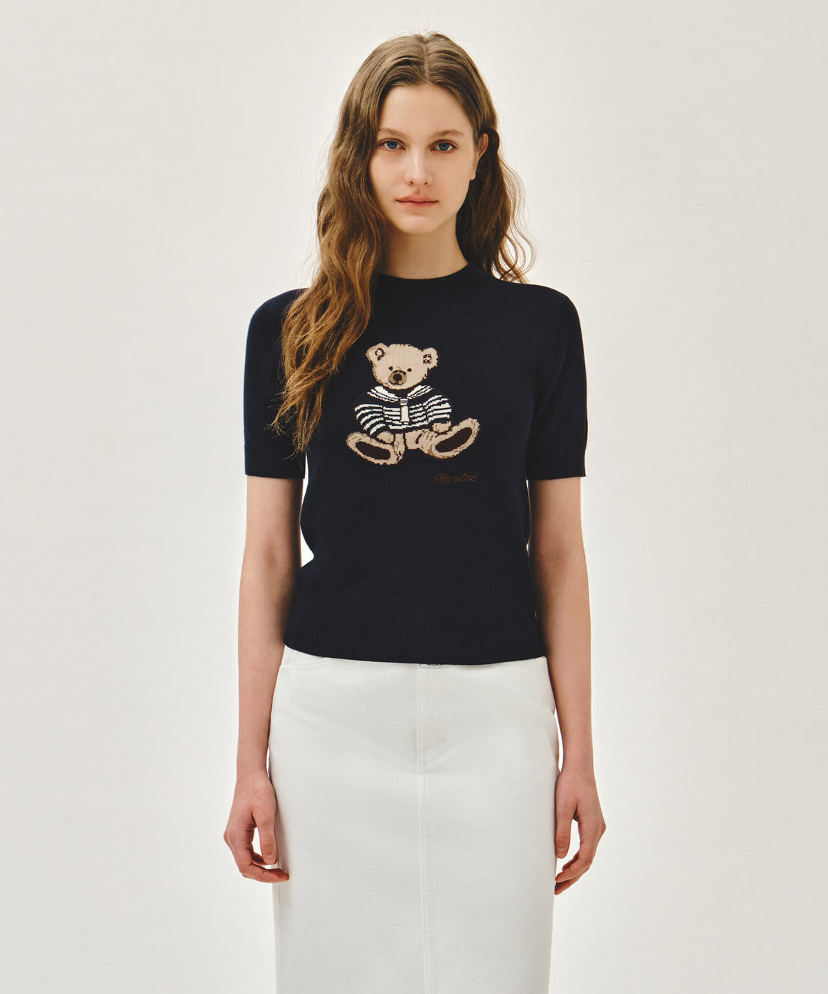 MARITHE W DOODLE BEAR HALF KNIT PULLOVER navy