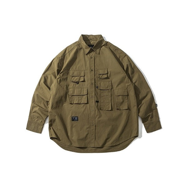Gababa Unisex oversized fit collar long-sleeve shirt with multiple pockets G77617 (Plus size M~XL)