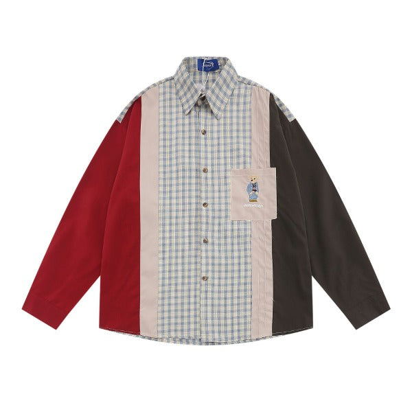 Gababa Unisex Oversized Collar Long Sleeve Plaid Shirt with Color Sleeve Accents G77361 (Plus Size M~XL)