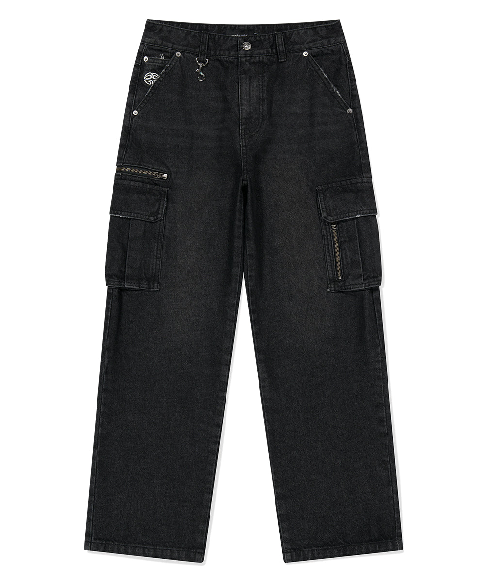MAHAGRID WASHED ZIP CARGO DENIM PANTS [BLACK]