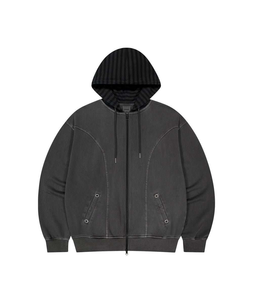MAHAGRID PIGMENT STRIPE MIXED ZIP UP HOODIE [CHARCOAL]