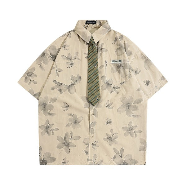 Gababa Unisex Flower Print Tie Collar Short-Sleeve Shirt G76807