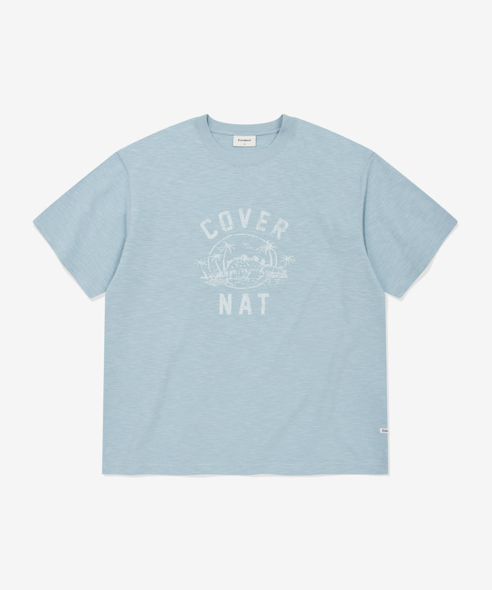 Covernat Slub Palm Island Graphic T-shirt Light Blue