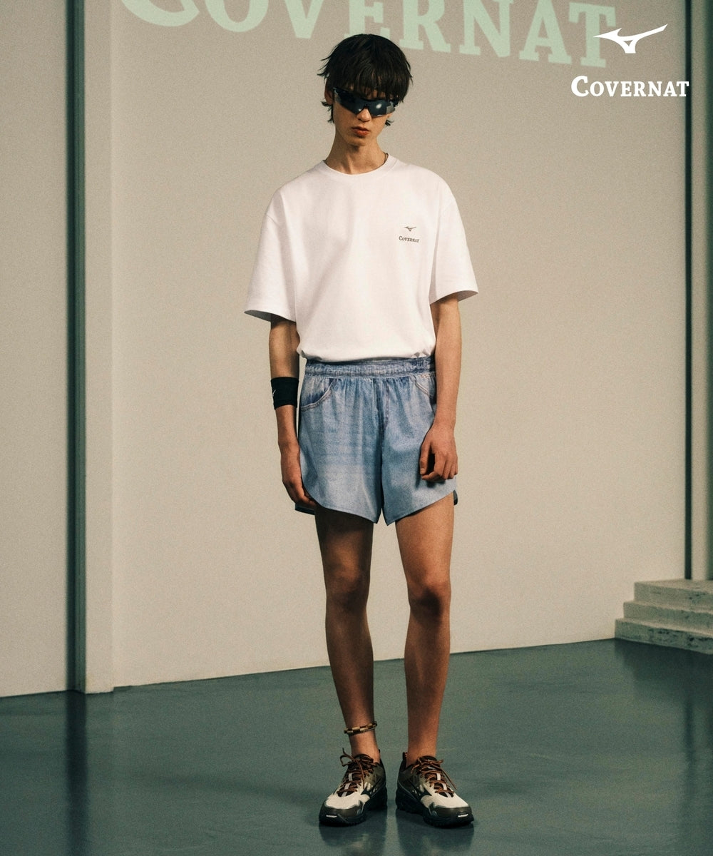 Covernat X MIZUNO Digital Print Denim Running Shorts Light Blue