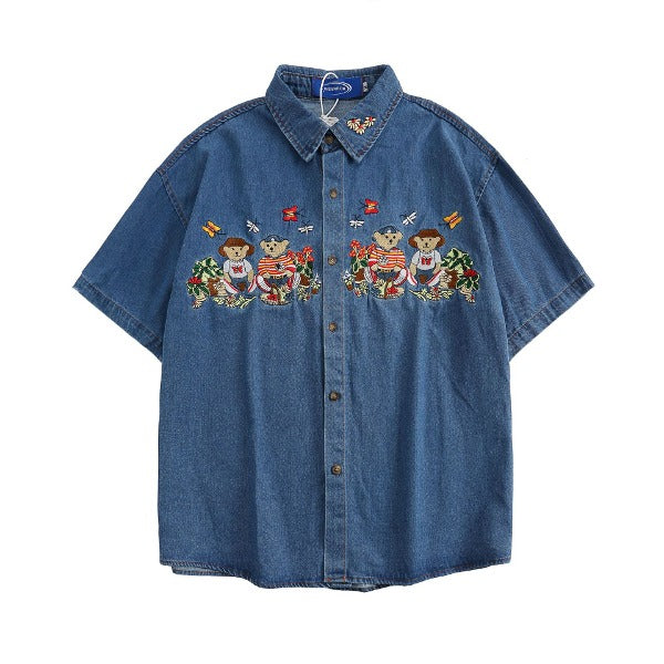 Gababa Unisex Bear Couple Embroidered Denim Collar Overfit Short-Sleeve Shirt G77090 (Plus Size M~XL)