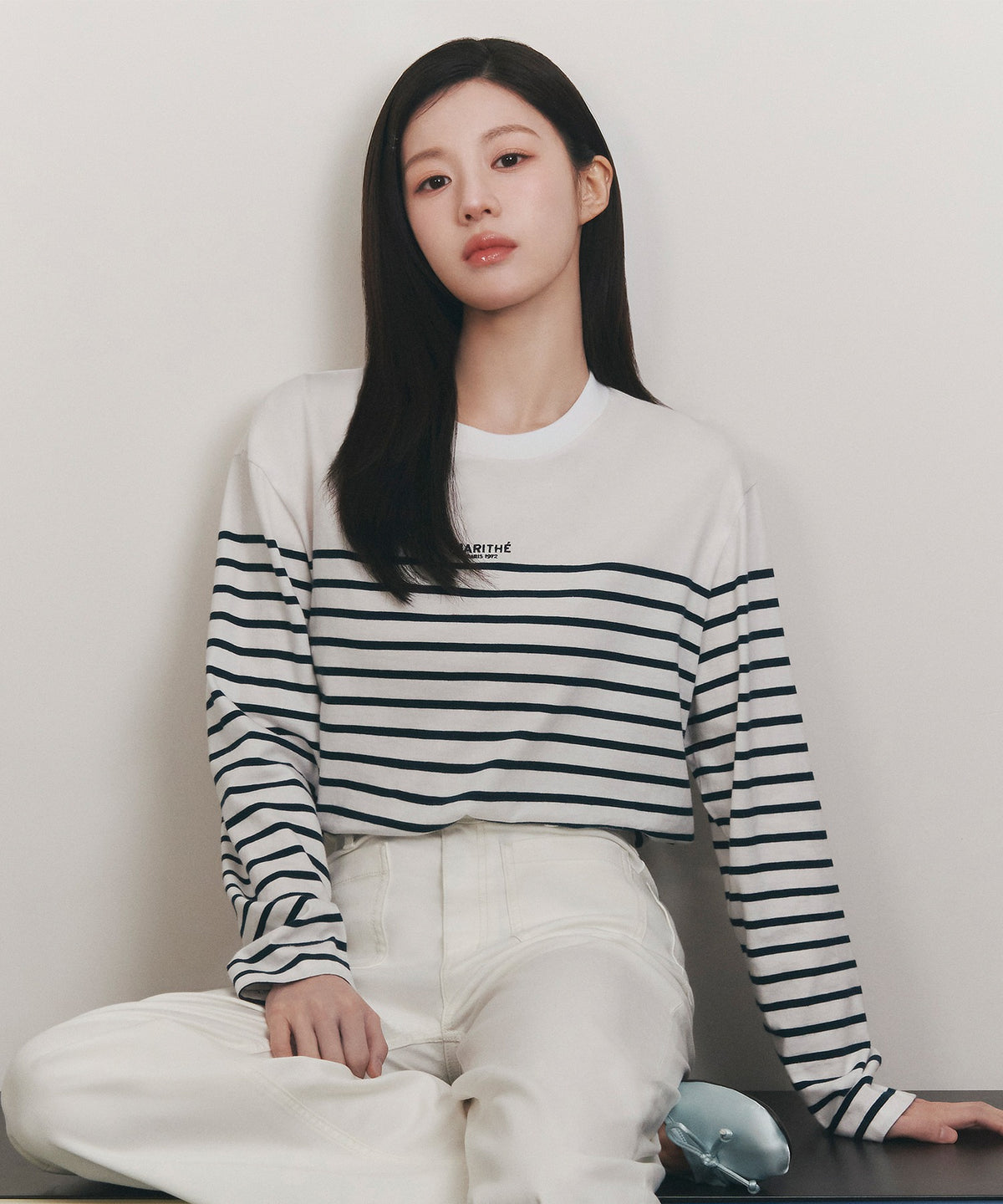 MARITHE BLOCK STRIPE LONG SLEEVE TEE navy