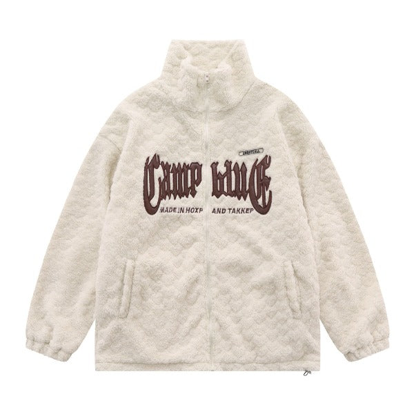 Gababa Unisex Oversized Fleece Jacket with Simple Lettering Point G77991 (Plus Size S~XL)