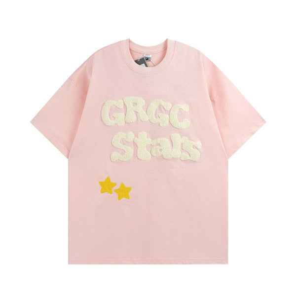 Gababa Unisex Colorblock Lettering Two Point Star Oversized Short Sleeve T-shirt G77058 (Plus Size S~XL)
