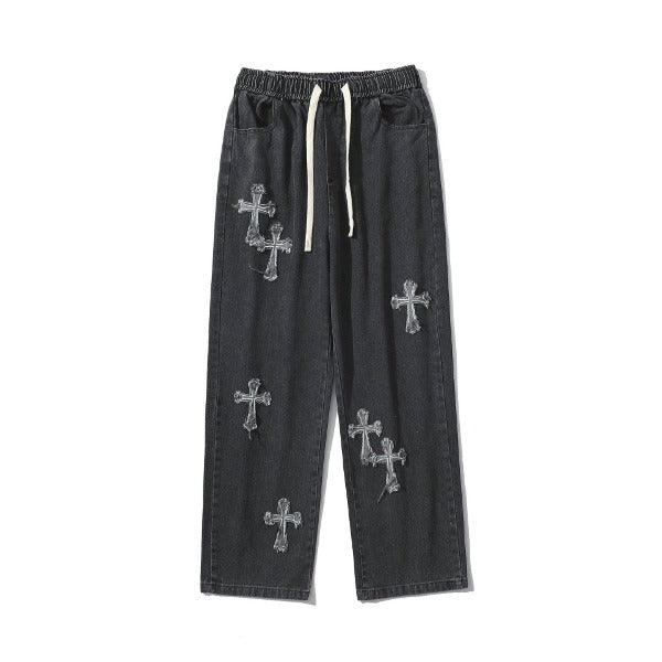 Gababa Unisex Comfortable Cross Pattern Denim Banding Pants G77324 (Plus Size M~2XL)