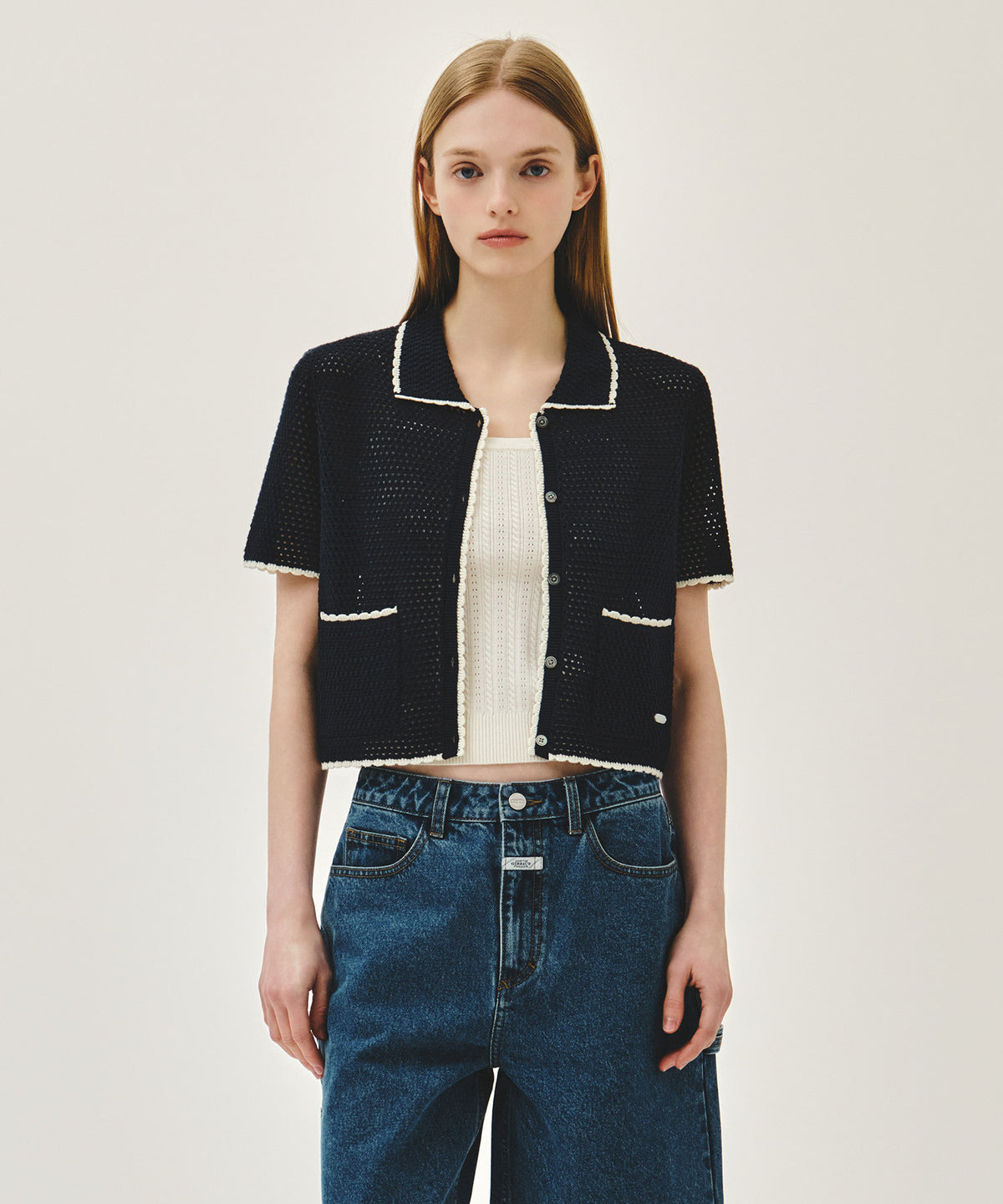 MARITHE W CROCHET HALF KNIT CARDIGAN navy