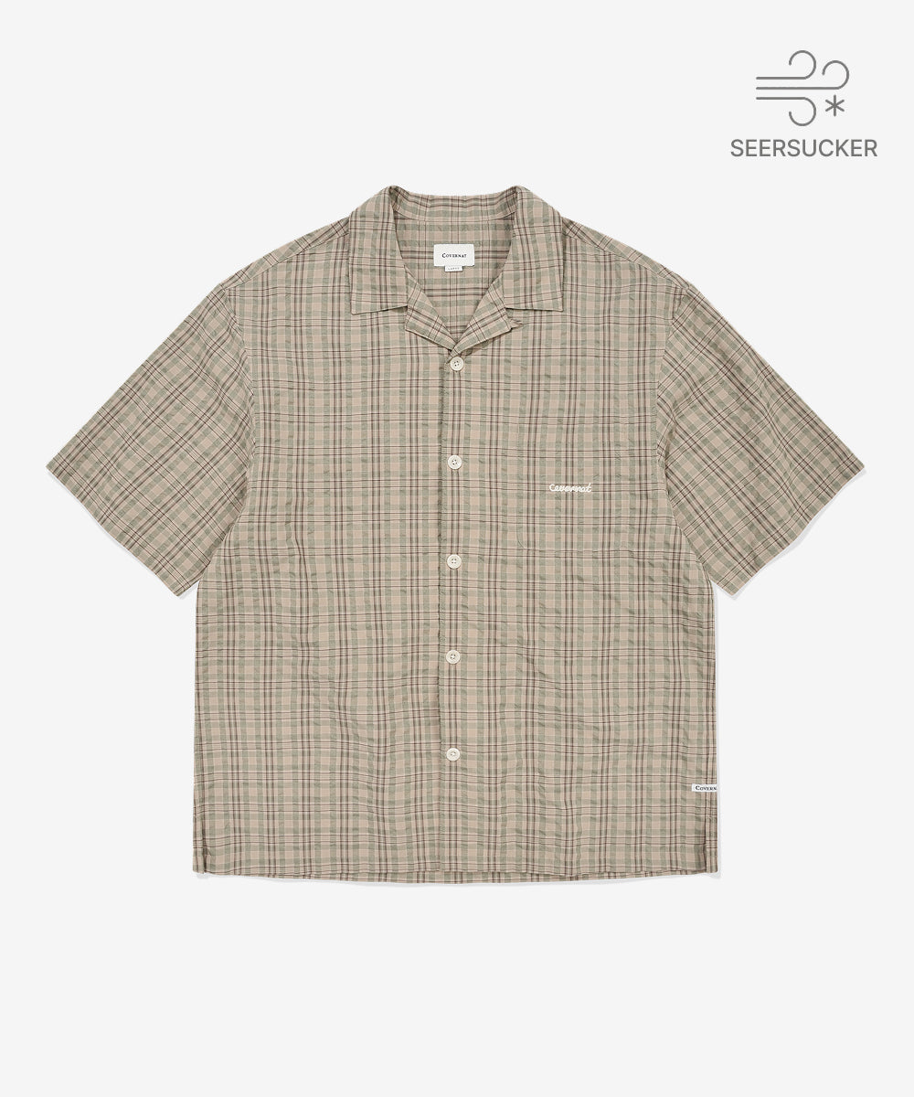 Covernat Seersucker Check Open Collar Half Shirt Khaki Beige