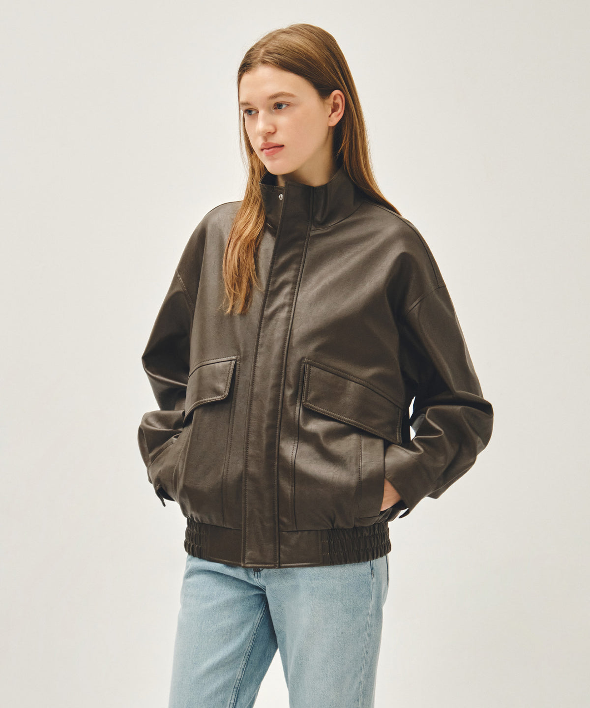 MARITHE FAUX LEATHER HIGH NECK JACKET brown