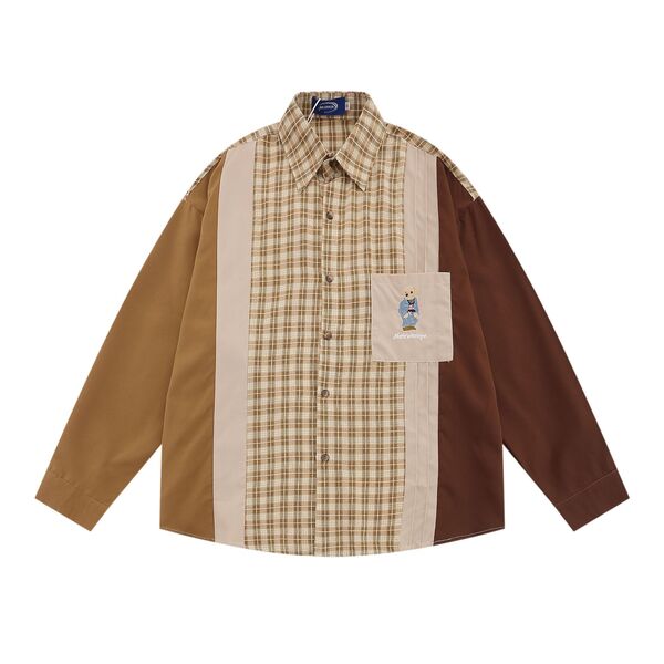 Gababa Unisex Oversized Collar Long Sleeve Plaid Shirt with Color Sleeve Accents G77361 (Plus Size M~XL)