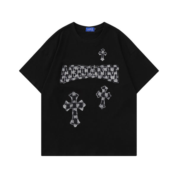 Gababa Cross Letter Grid Patch Short-Sleeve T-shirt G76950